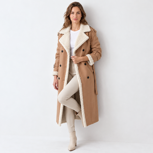 Abrigo cruzado camel largo con cuello y bordes de borreguito, botones y cinturón