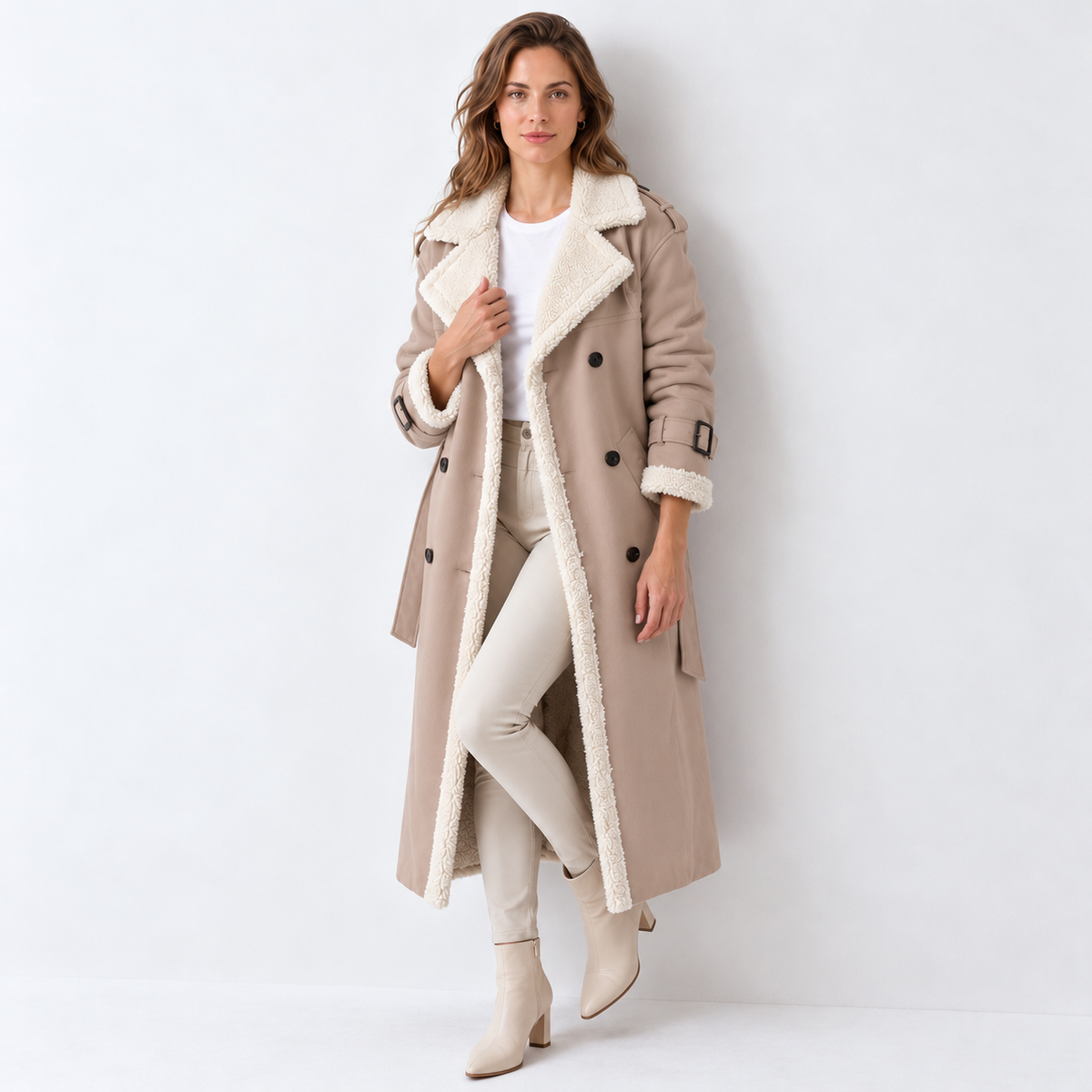 Abrigo beige claro cruzado con cuello de borreguito, botones y cinturón