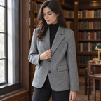 Blazer gris de espiga con solapa y botones, vista frontal con puños