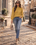 Blusa Fluida con Cuello Alto, Mangas Abullonadas y Pliegues 0