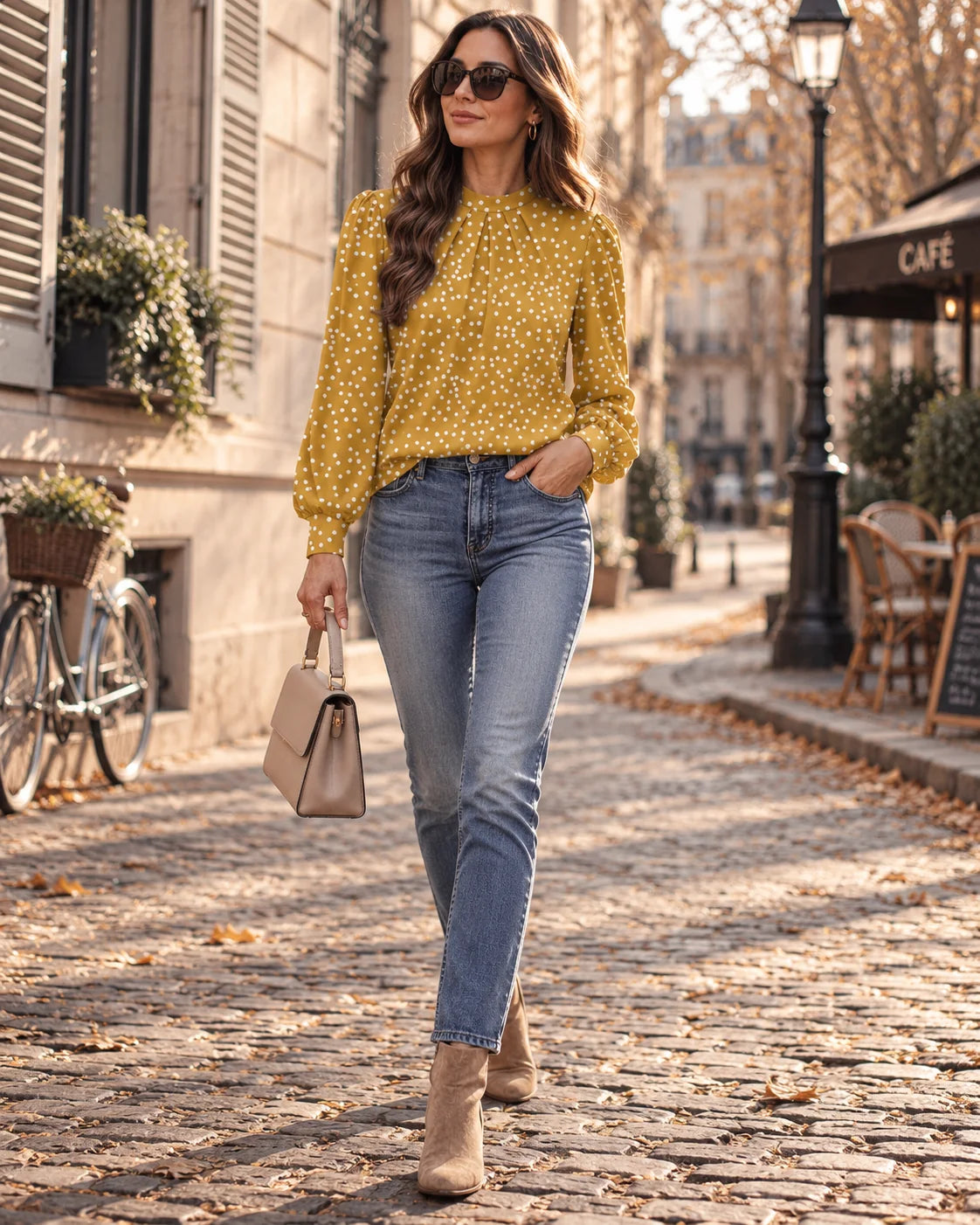 Blusa Fluida con Cuello Alto, Mangas Abullonadas y Pliegues 0