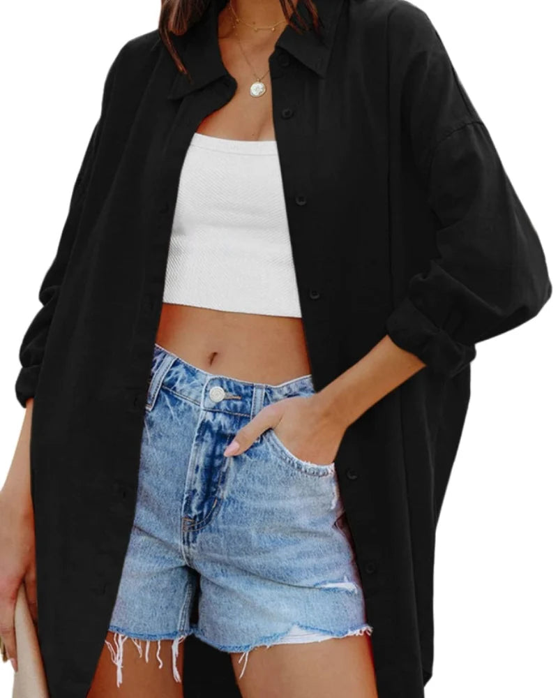 Blusa Oversize de Manga Larga con Botones y Bolsillo 13