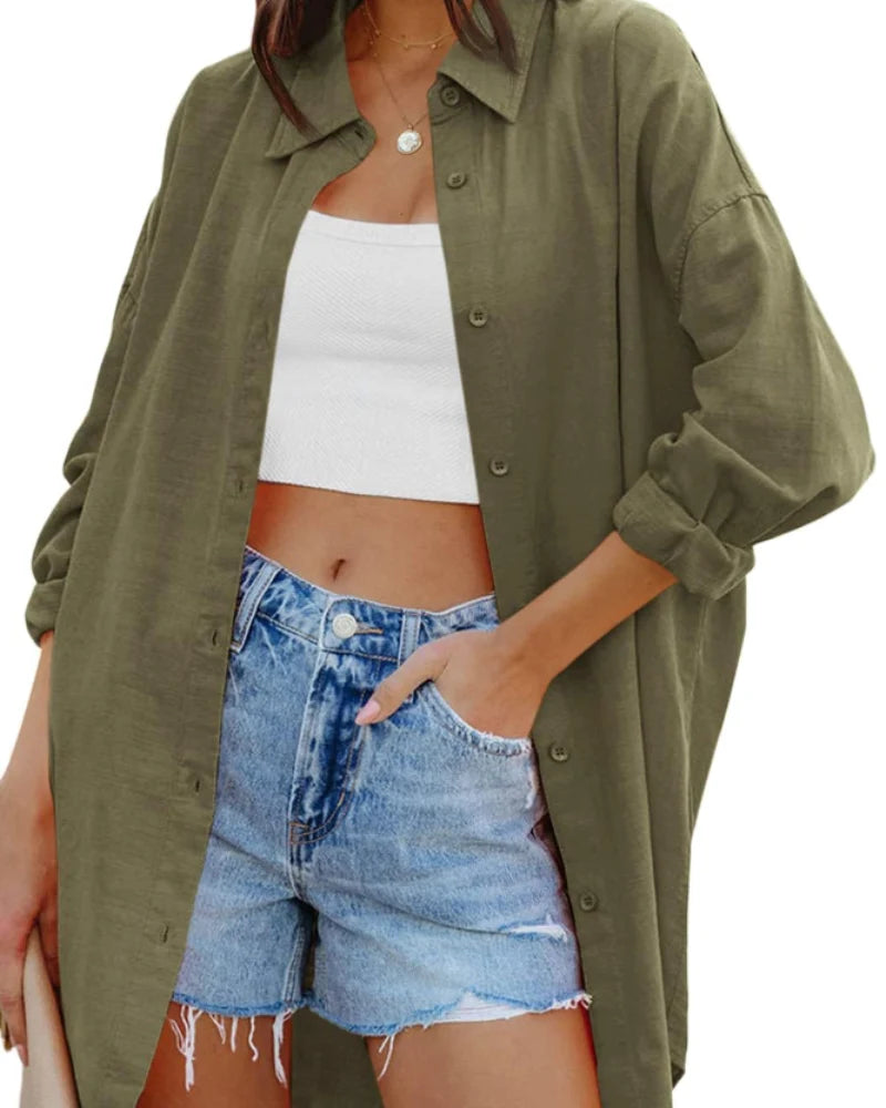 Blusa Oversize de Manga Larga con Botones y Bolsillo 9