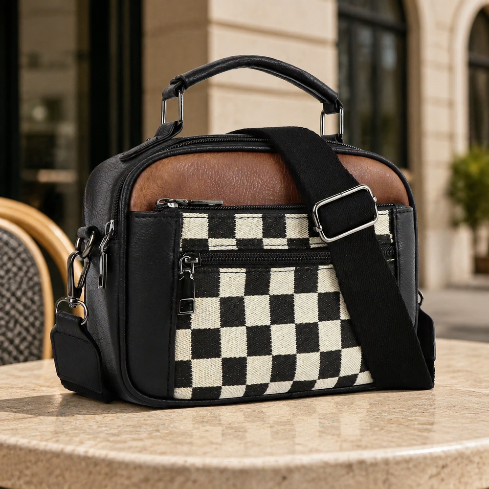 Bolso bandolera compacto negro con estampado de cuadros blanco y negro y correa