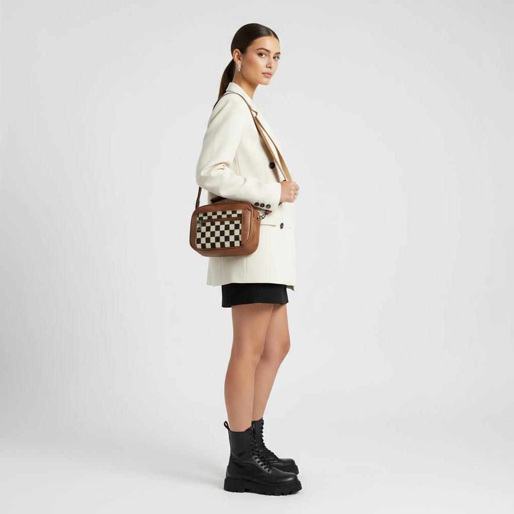 Bolso bandolera compacto marrón con asa y correa, bolsillo frontal de cuadros