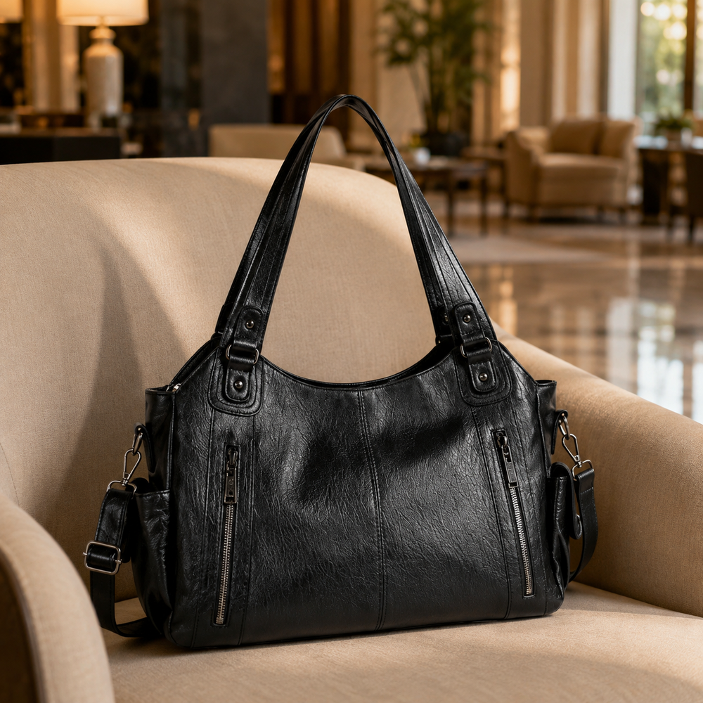 Bolso bandolera de piel sintética negro con asas y correa ajustable, varios compartimentos con cremalleras