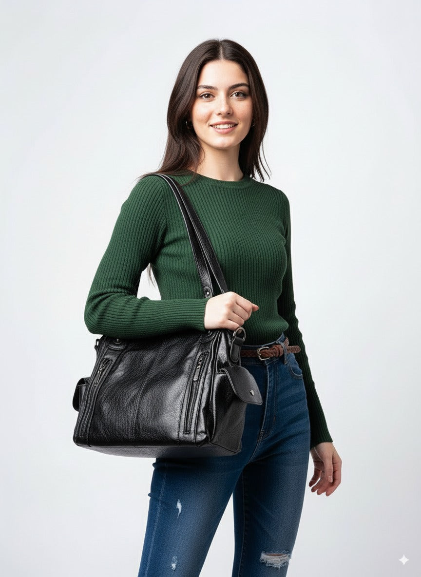 Bolso bandolera de piel sintética negro con correa y asas, compartimentos laterales visibles.