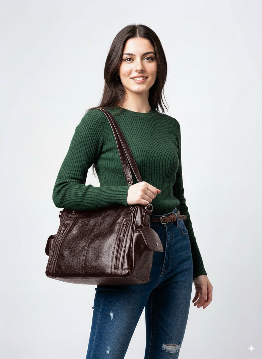 Bolso bandolera de piel sintética marrón con correa cruzada y asas, bolsillos con cremallera.