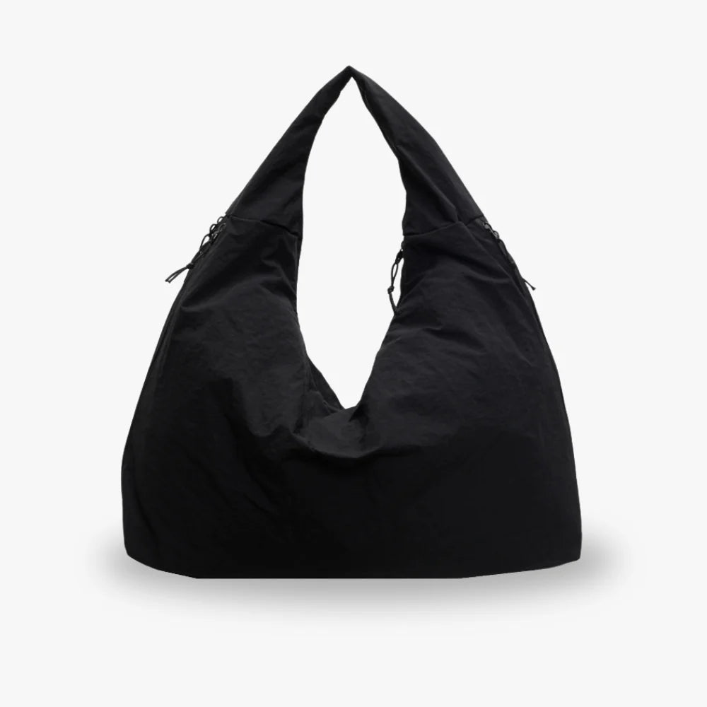 Bolso hobo de nailon negro con cremallera y correa ajustable