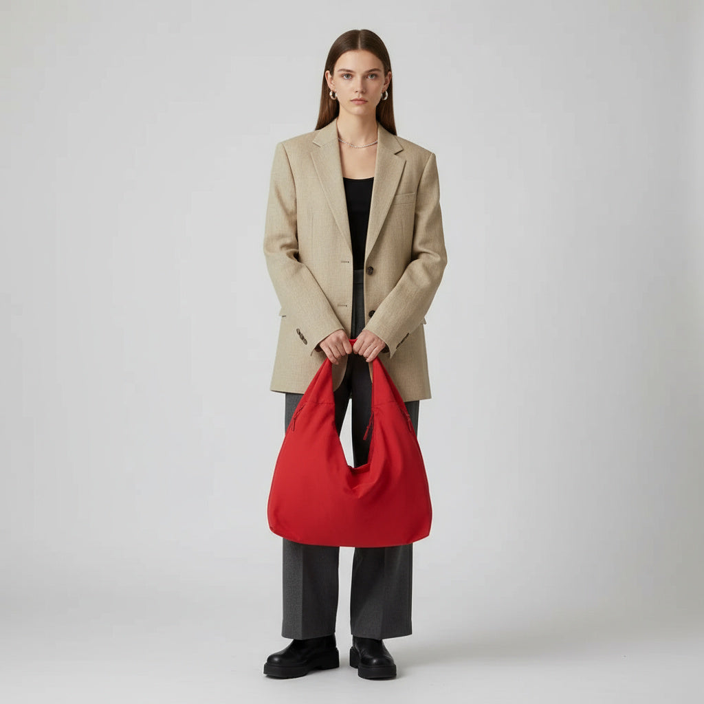 Bolso hobo de nailon rojo con cremallera y correa ajustable