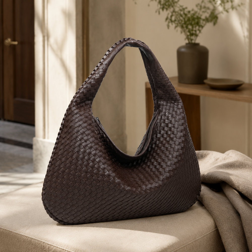 Bolso Redondo de Piel Vegana con Diseño Trenzado y Cremallera 0