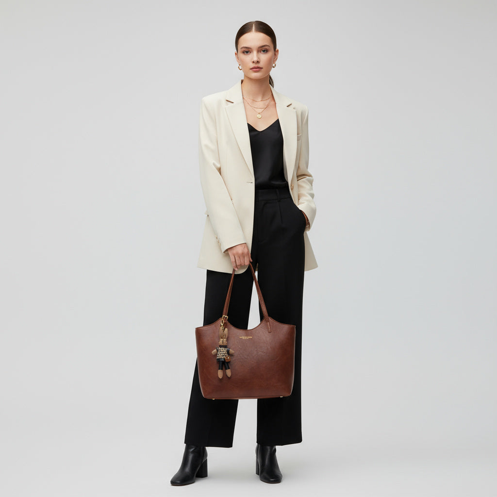 Bolso tote de cuero sintético marrón con asa, colgante y cierre superior con cremallera