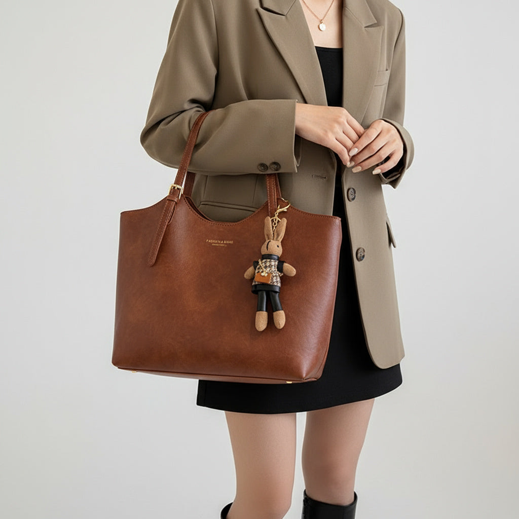Bolso tote de cuero sintético marrón con asa y colgante de conejito, cierre con cremallera