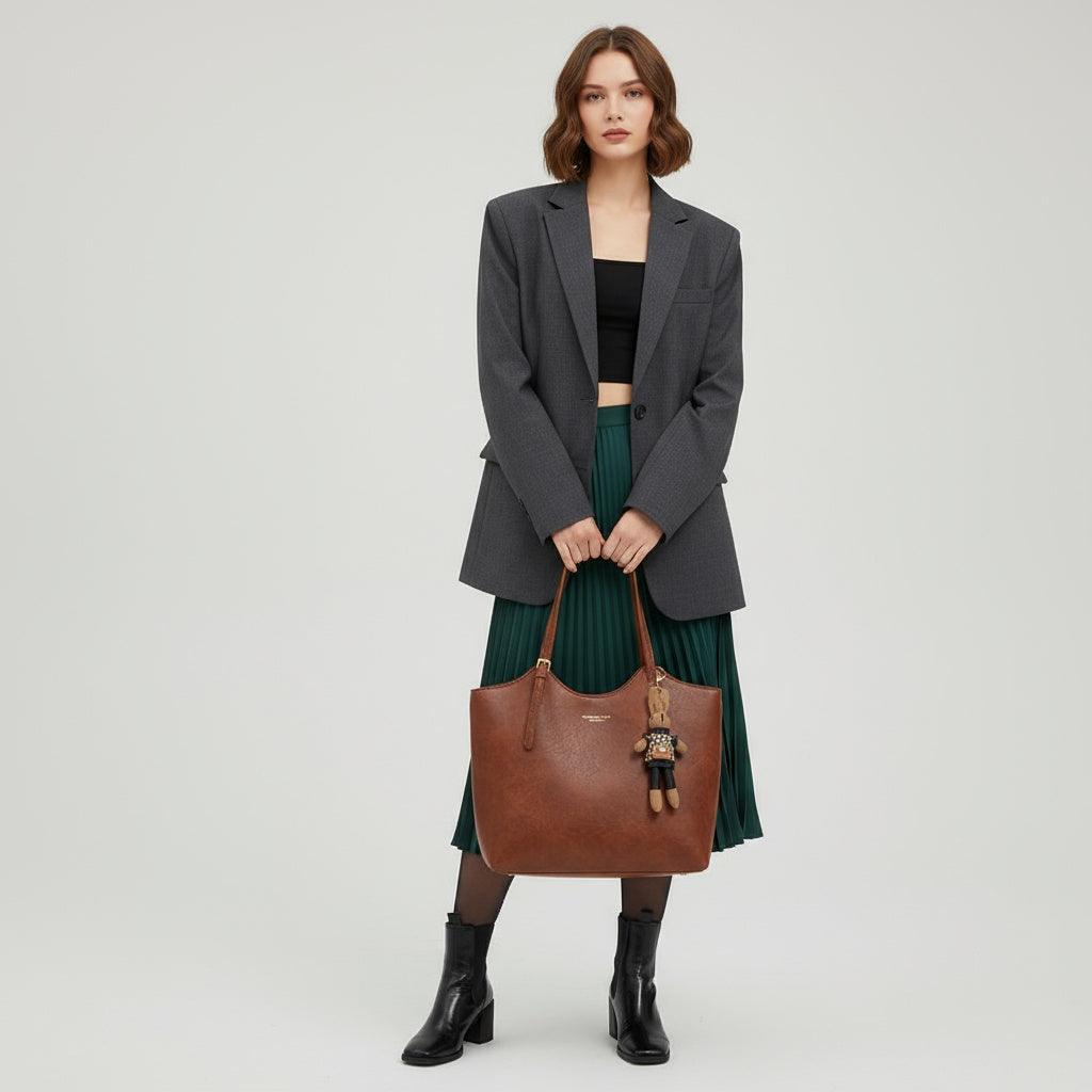 Bolso tote de cuero sintético marrón con asa y colgante de conejito, formato amplio