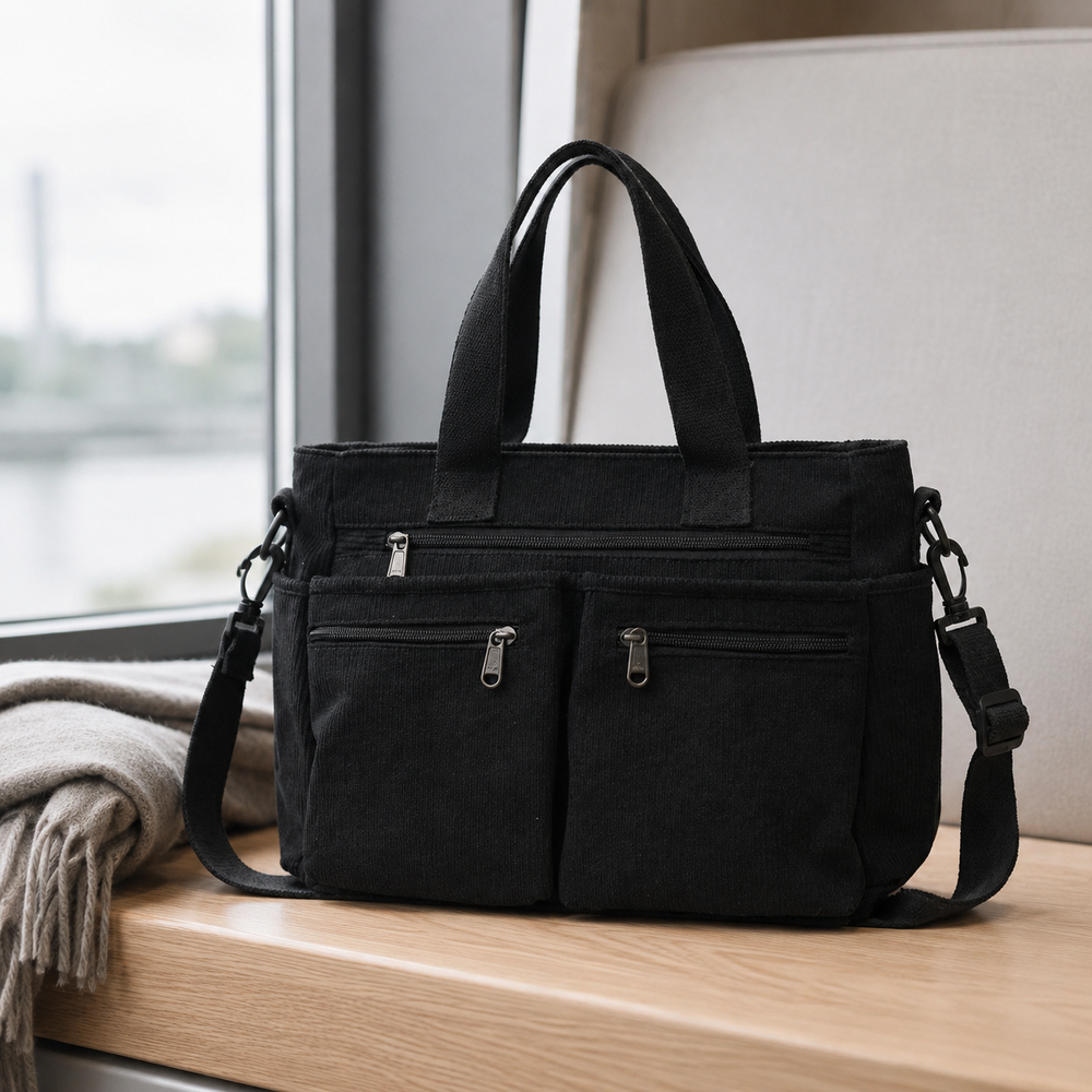 Bolso tote de pana negro con cremalleras, doble asa y correa ajustable