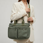 Bolso tote de pana verde olivo con asas, correa ajustable y cremallera superior