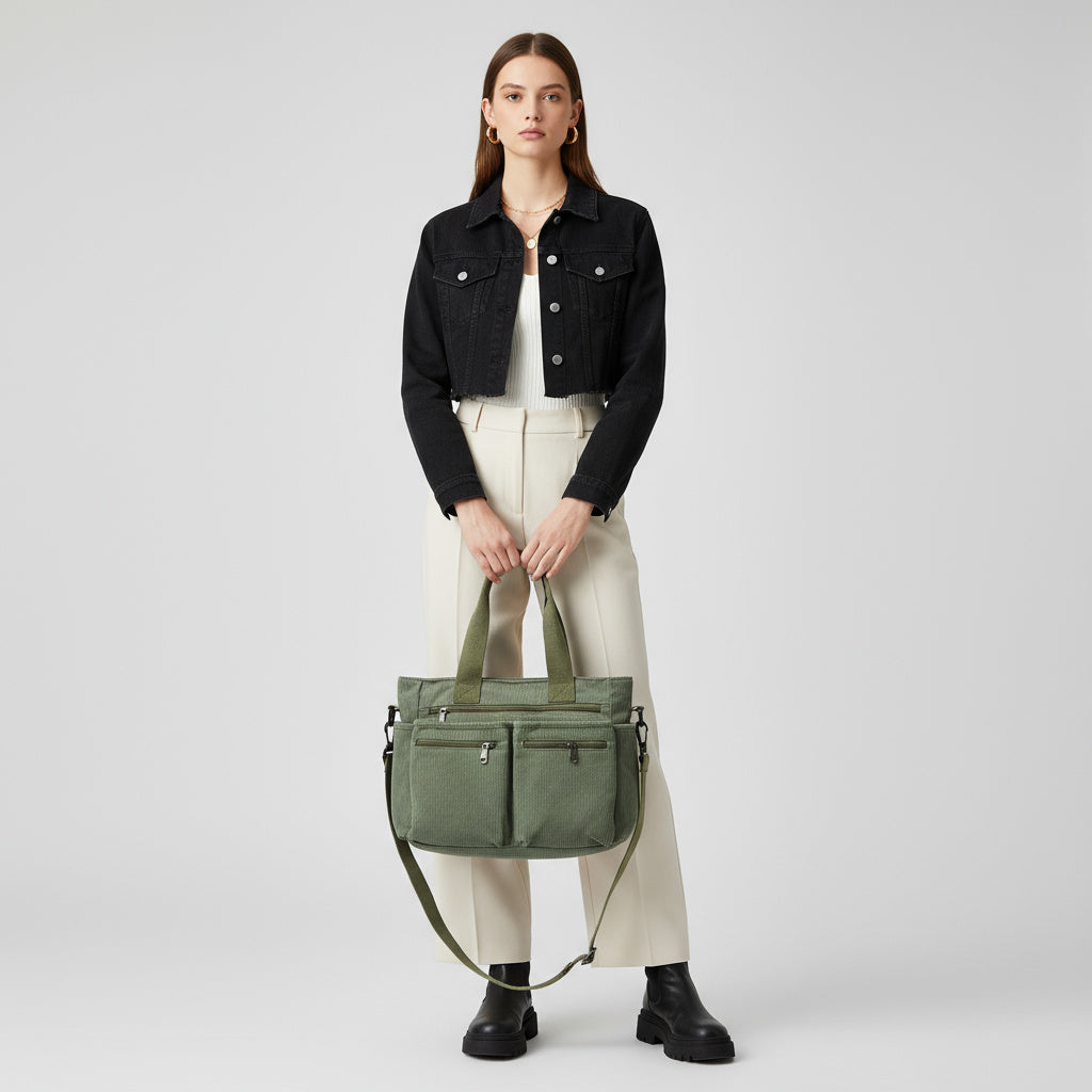 Bolso tote de pana verde con asas, correa cruzada y dos bolsillos con cremallera