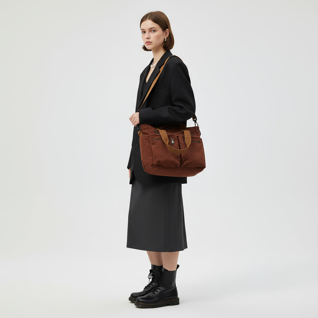 Bolso tote de pana marrón con correa ajustable, asas cortas y cremallera visible