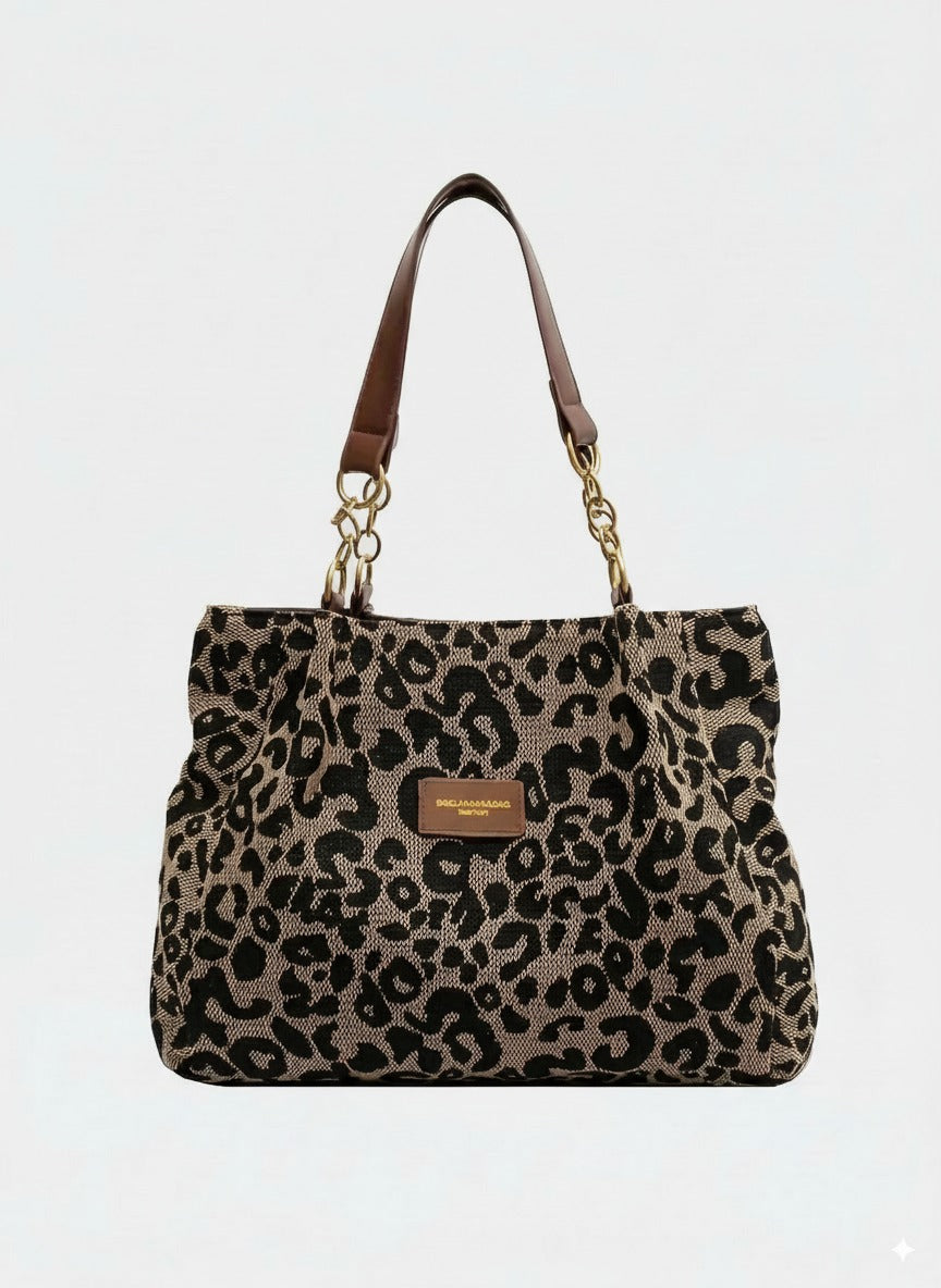 Bolso de cuero sintético estampado leopardo con asa doble y herrajes dorados