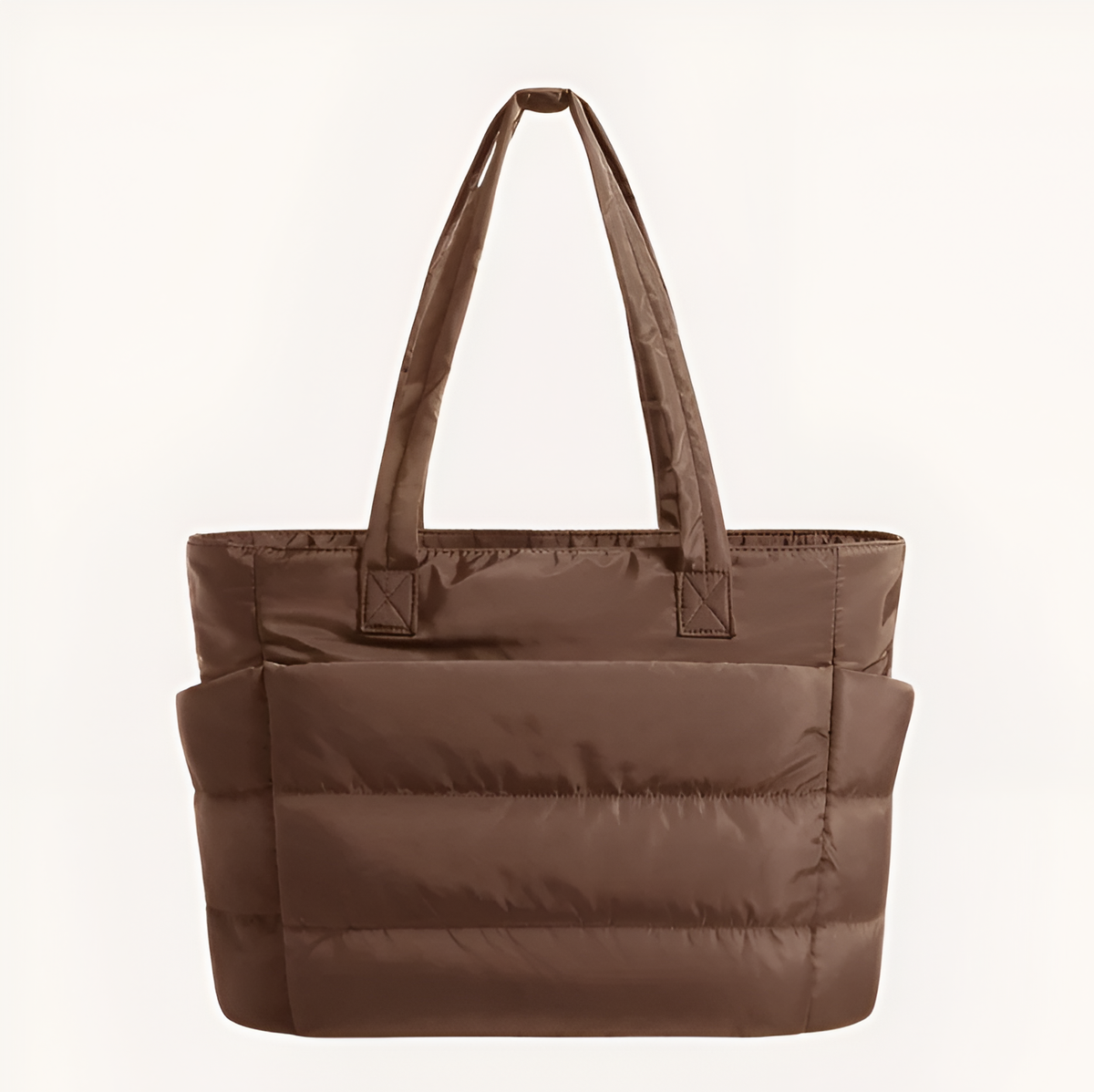 Bolso acolchado de hombro marrón oscuro, con asas largas y bolsillos laterales