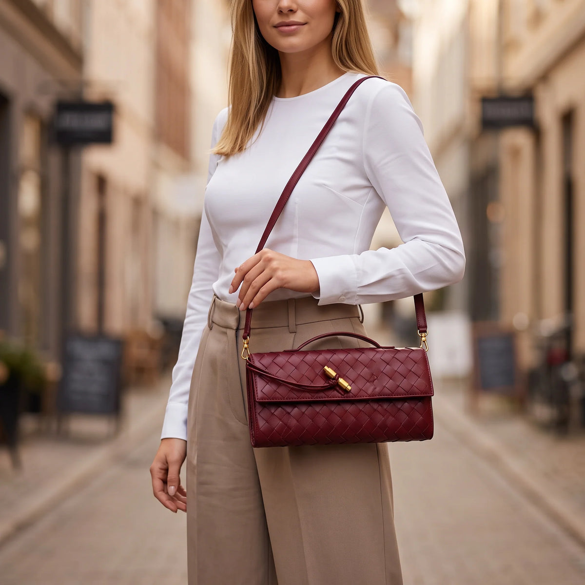 Bolso de Mano con Diseño Tejido y Correa Extraíble 1