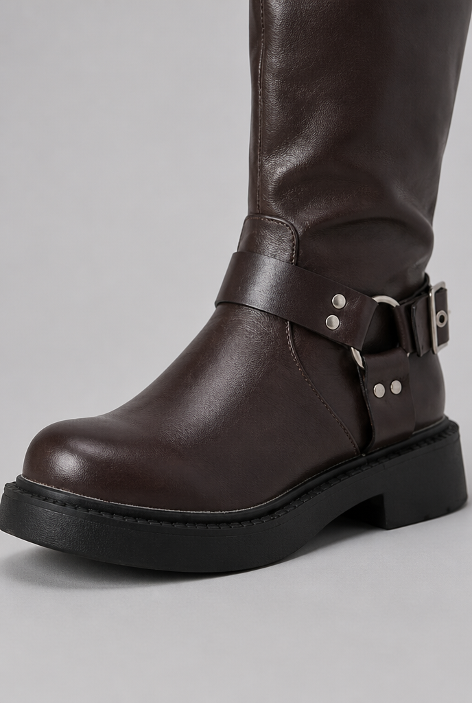 Detalle de bota biker marrón oscuro con correa y suela gruesa negra