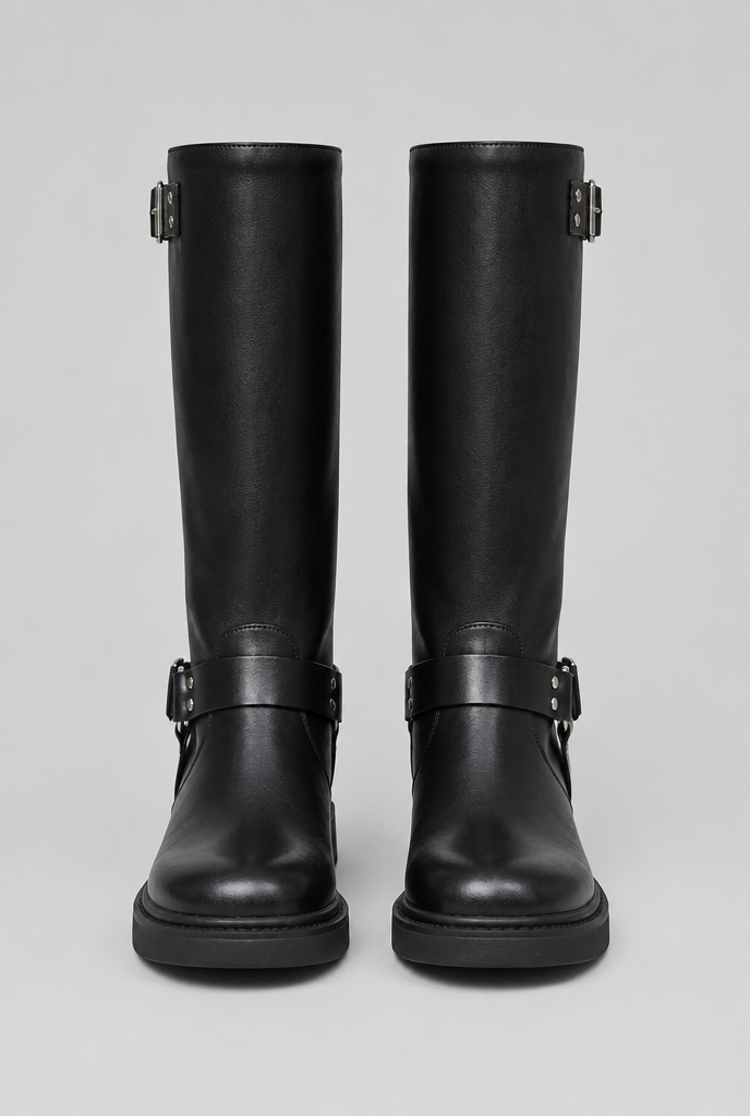 Botas biker altas negras, de frente, con correas, hebillas metálicas y suela gruesa.