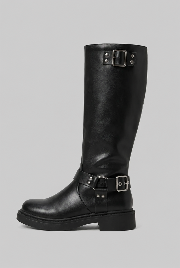 Bota biker alta negra de perfil, con correas y hebillas metálicas en la caña y el tobillo.