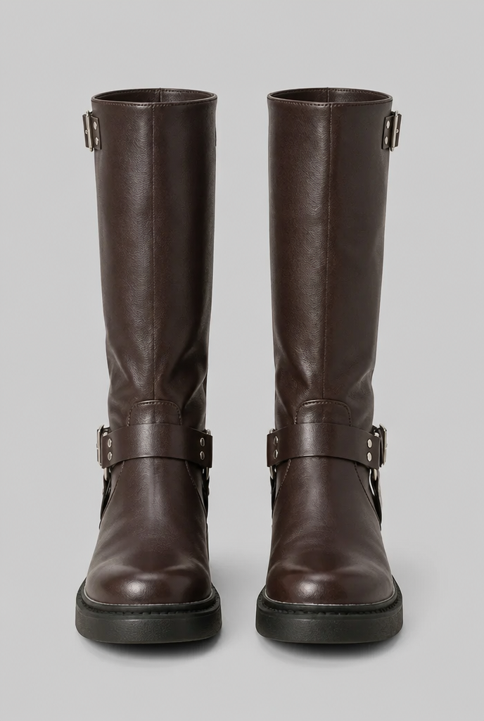 Par de botas biker altas marrón oscuro, vistas de frente, con hebillas y suela negra