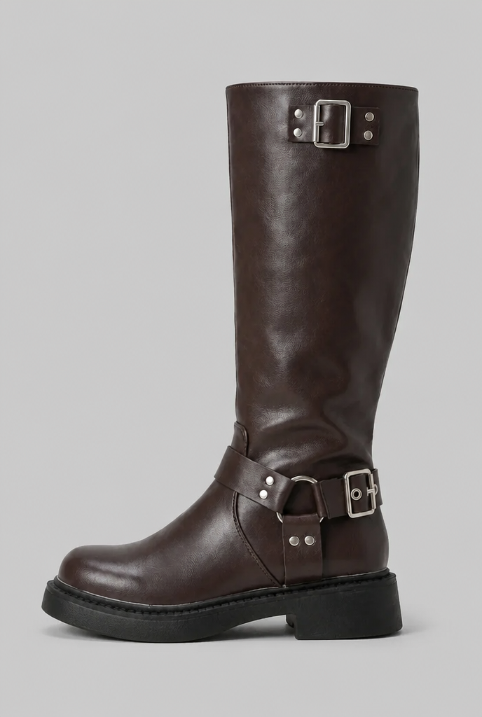 Bota biker alta marrón oscuro de perfil, con hebillas plateadas y tacón bajo