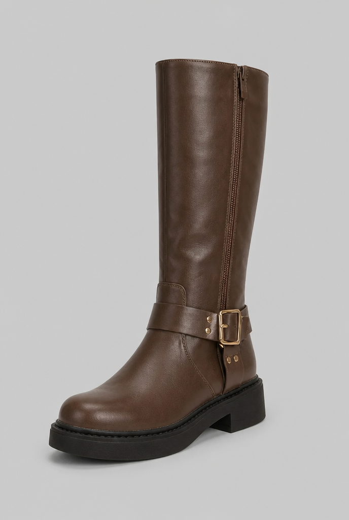 Bota biker alta marrón con cremallera lateral, correa con hebilla dorada y suela negra