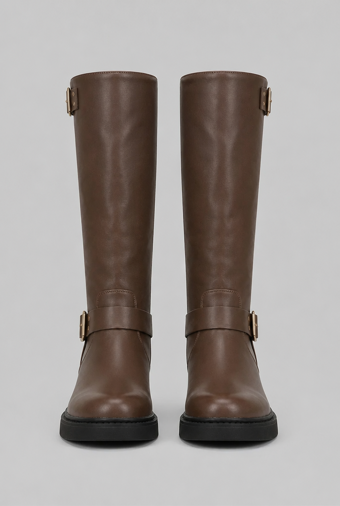 Par de botas altas marrones de frente, con correas y suela negra
