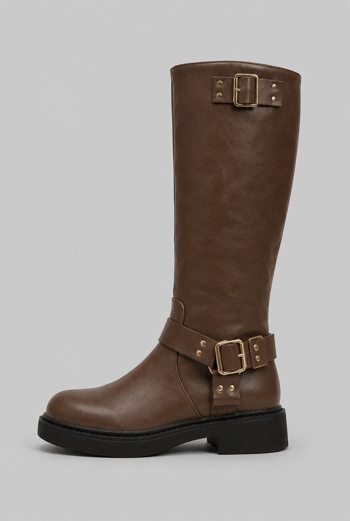 Bota biker alta marrón con hebillas doradas y tacón bajo negro