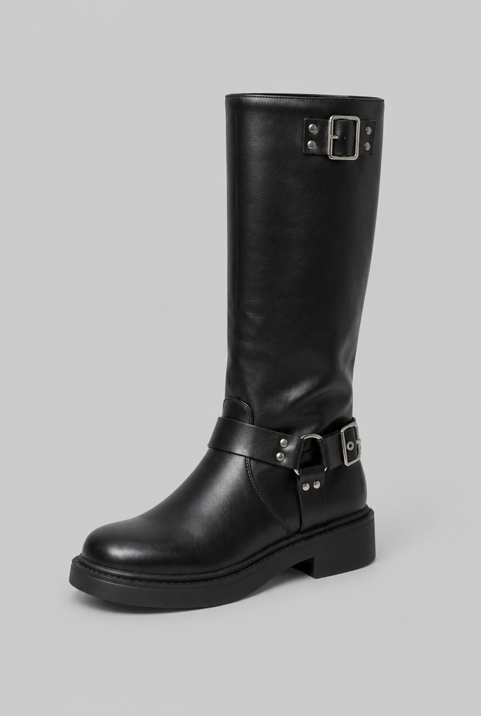 Bota biker alta negra con correas, hebillas plateadas y suela gruesa