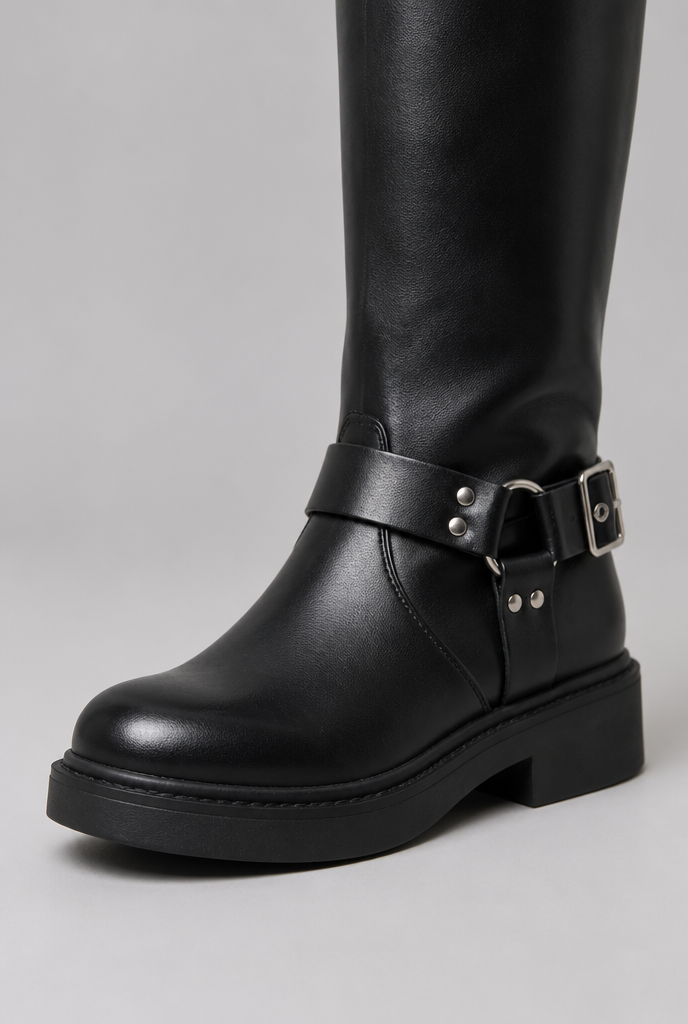 Detalle de bota alta negra con correa de hebilla plateada y suela gruesa