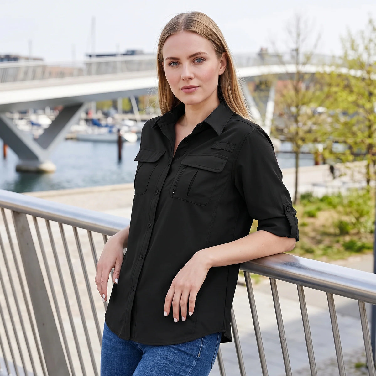 Camisa Casual para Mujer con Manga Larga Ajustable y Bolsillos Frontales 2