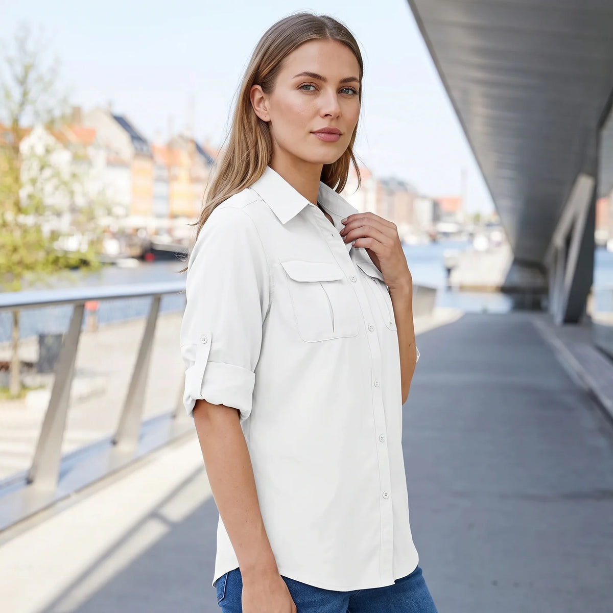 Camisa Casual para Mujer con Manga Larga Ajustable y Bolsillos Frontales 4
