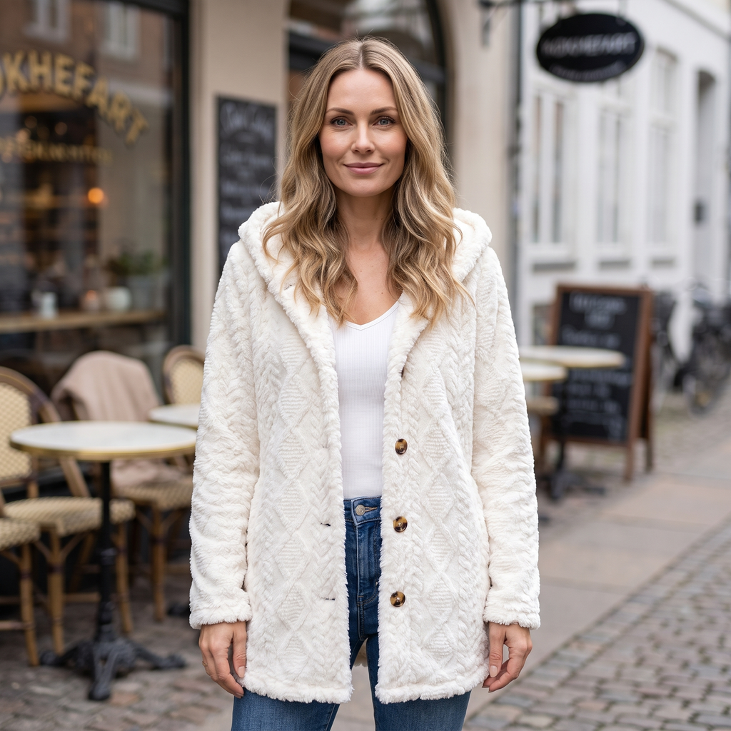 Cárdigan oversize con capucha en tejido esponjoso beige y botones frontales