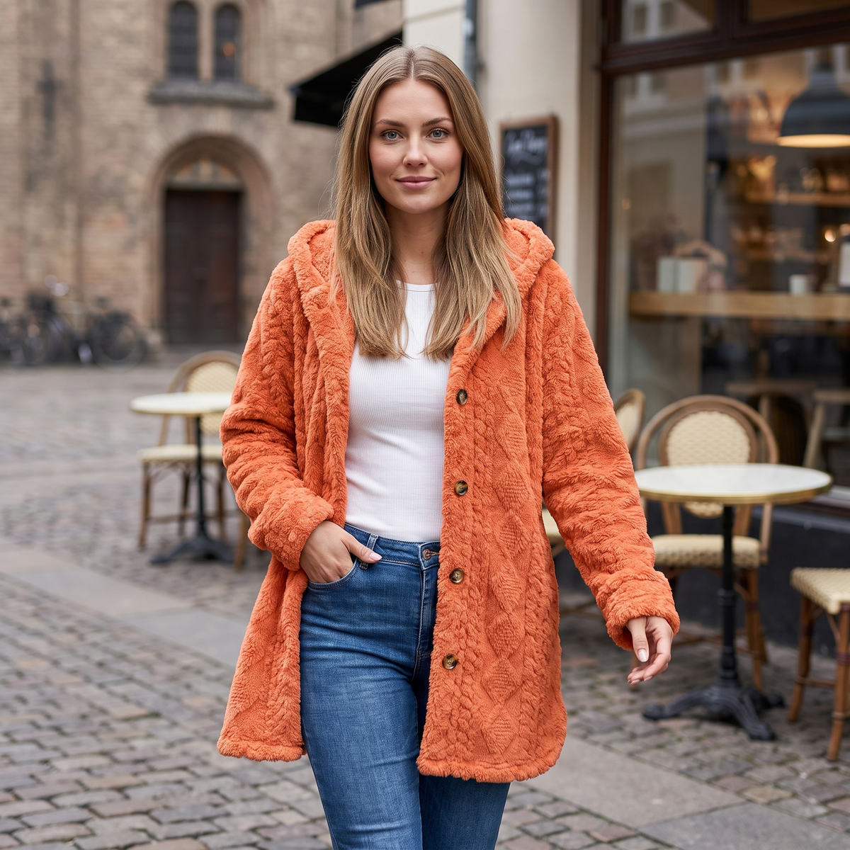 Cárdigan oversize con capucha naranja coral, botones al frente y textura acolchada