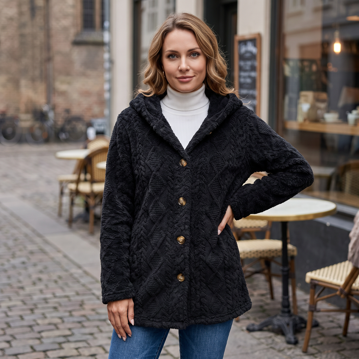 Cárdigan oversize con capucha negra, botones al frente y tejido con relieve en zigzag