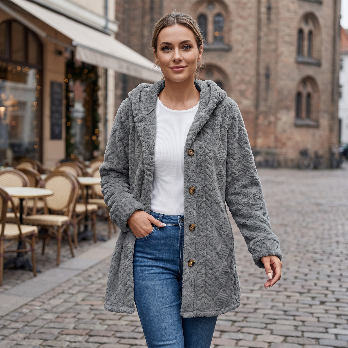 Cárdigan oversize gris con capucha, botones delanteros y textura acolchada esponjosa