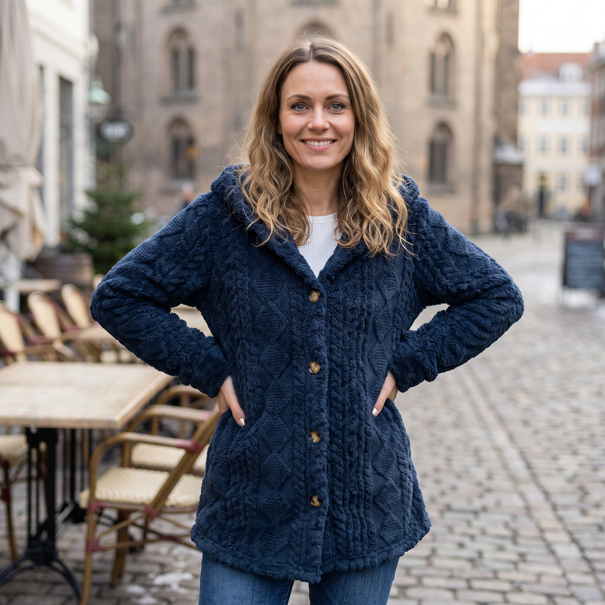 Cárdigan oversize azul marino con capucha, botones delanteros y tejido con relieve