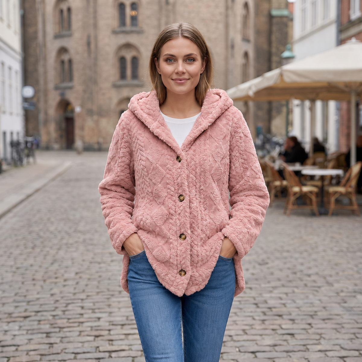 Cárdigan oversize rosa empolvado con capucha, botones delanteros y textura acolchada