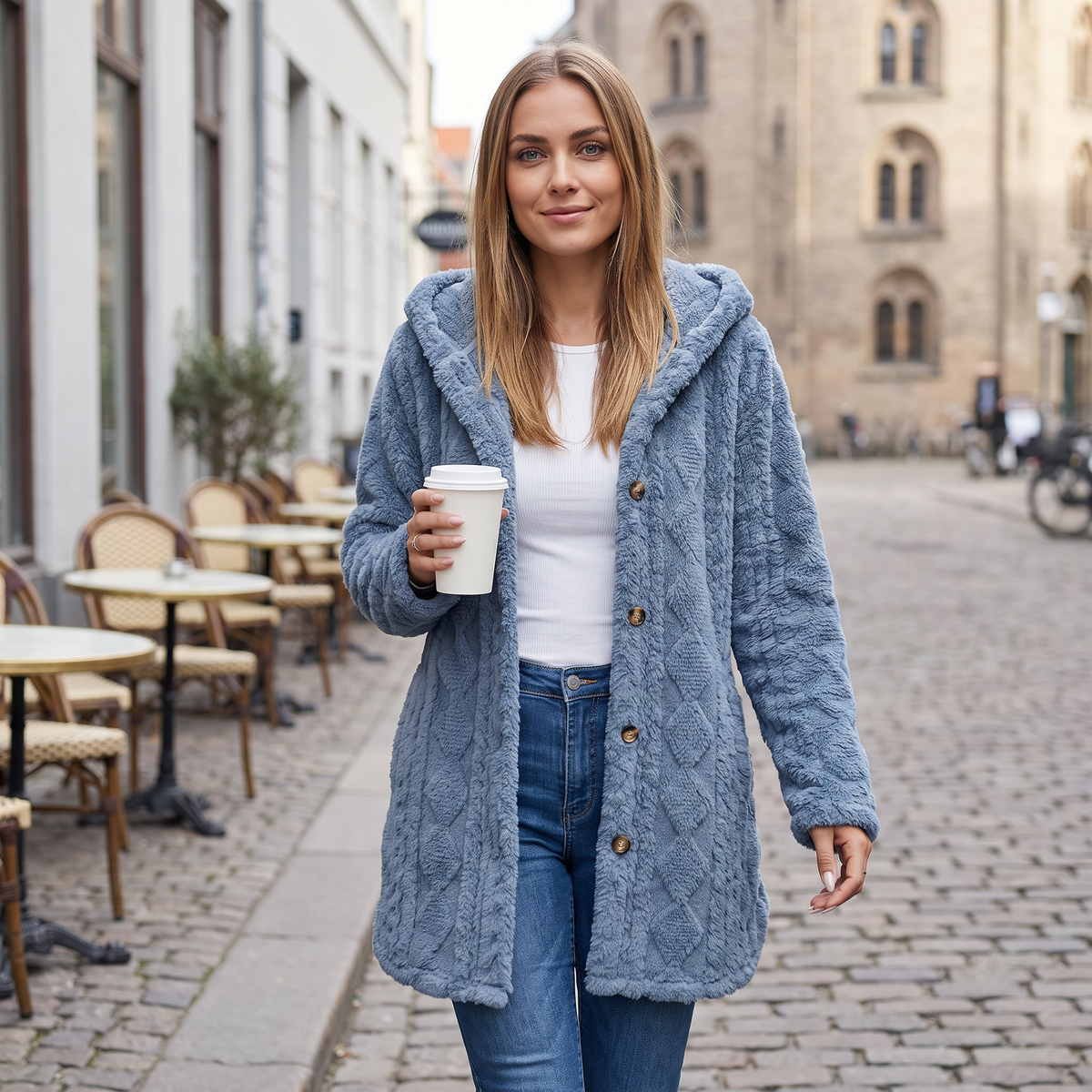 Cárdigan oversize azul grisáceo con capucha, botones delanteros y tejido con relieve