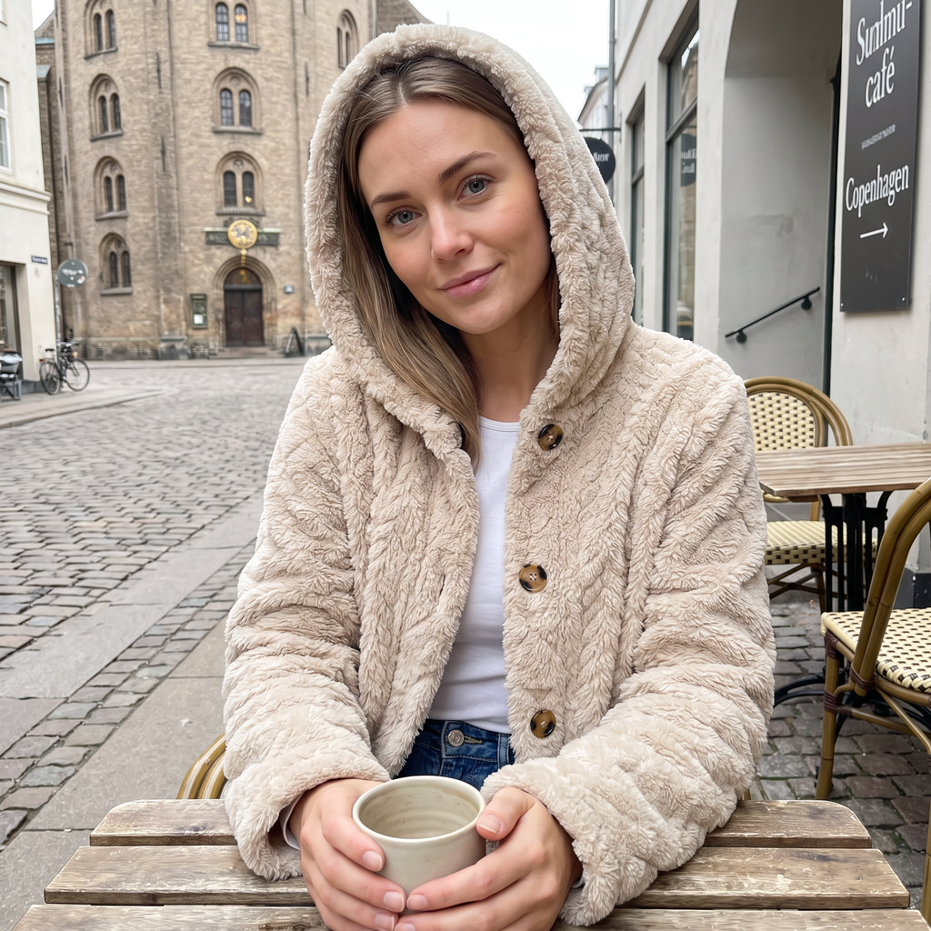 Cárdigan oversize beige claro con capucha y botones frontales, tejido esponjoso