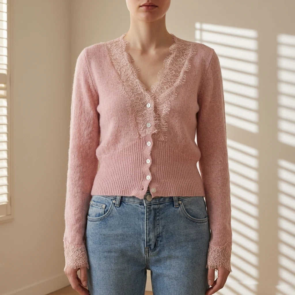 Cárdigan de Mezcla de Algodón con Encaje Patchwork – Estilo Vintage con Cierre de Botones 0