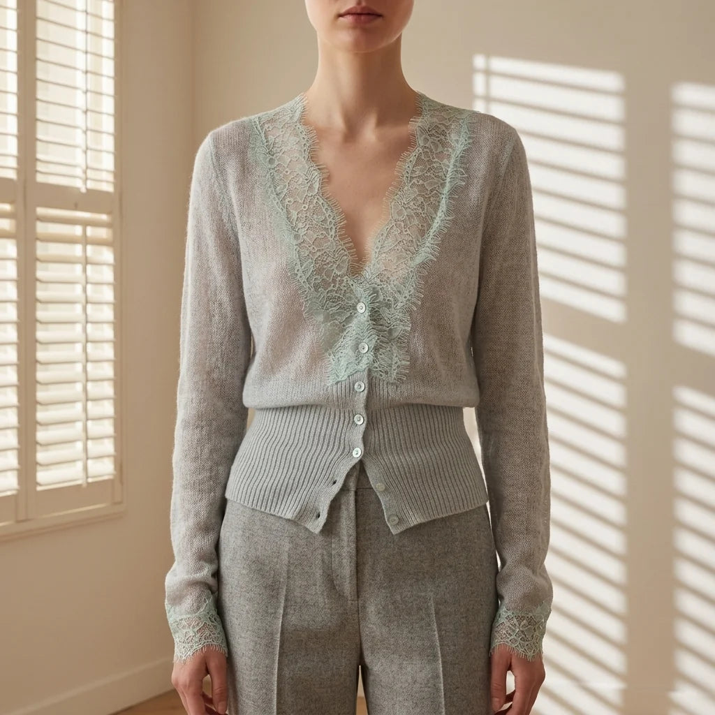Cárdigan de Mezcla de Algodón con Encaje Patchwork – Estilo Vintage con Cierre de Botones 1