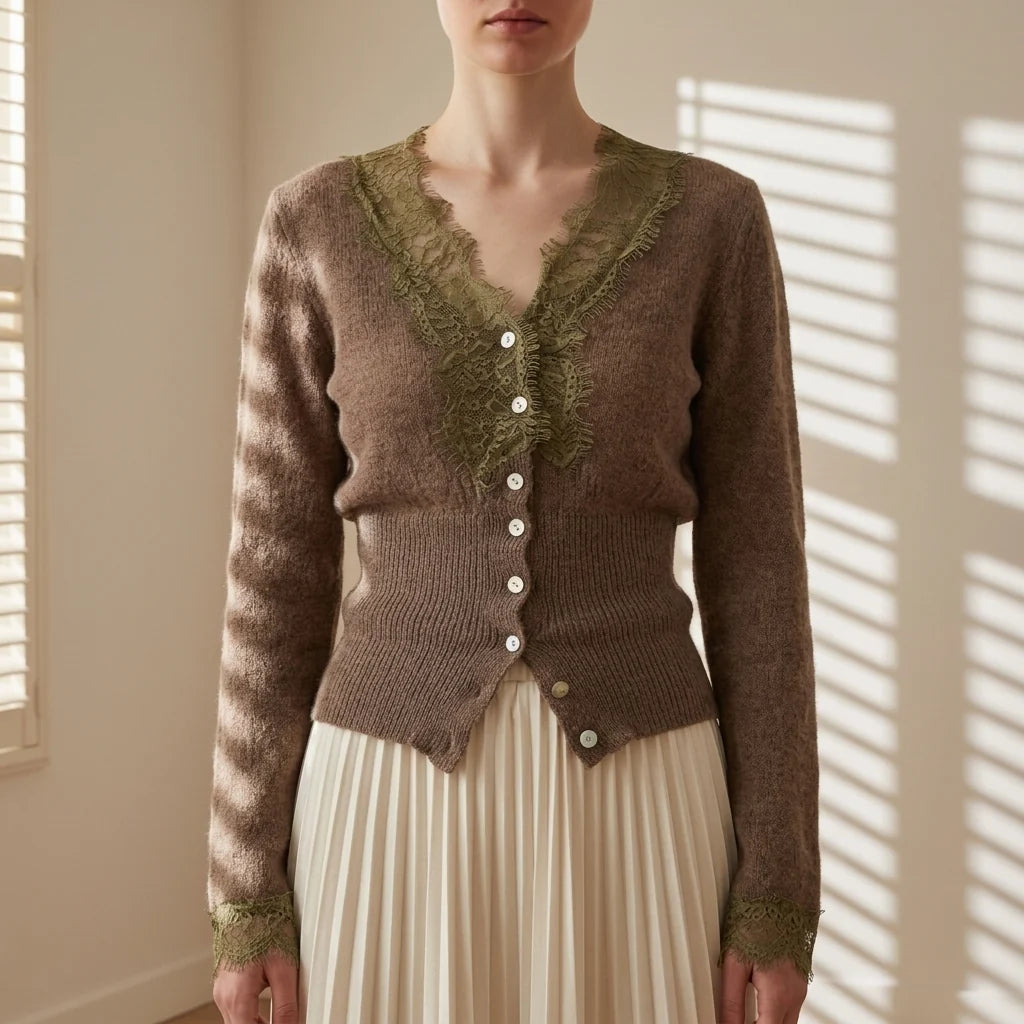 Cárdigan de Mezcla de Algodón con Encaje Patchwork – Estilo Vintage con Cierre de Botones 2