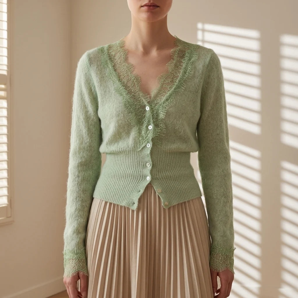 Cárdigan de Mezcla de Algodón con Encaje Patchwork – Estilo Vintage con Cierre de Botones 3