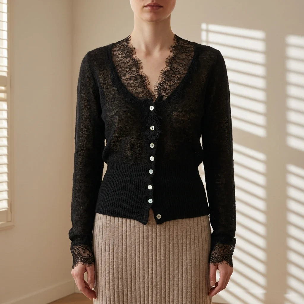 Cárdigan de Mezcla de Algodón con Encaje Patchwork – Estilo Vintage con Cierre de Botones 4